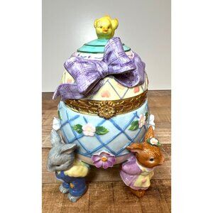 Hand-Painted Ceramic Egg Trinket Box With Bunny & Chick Design
